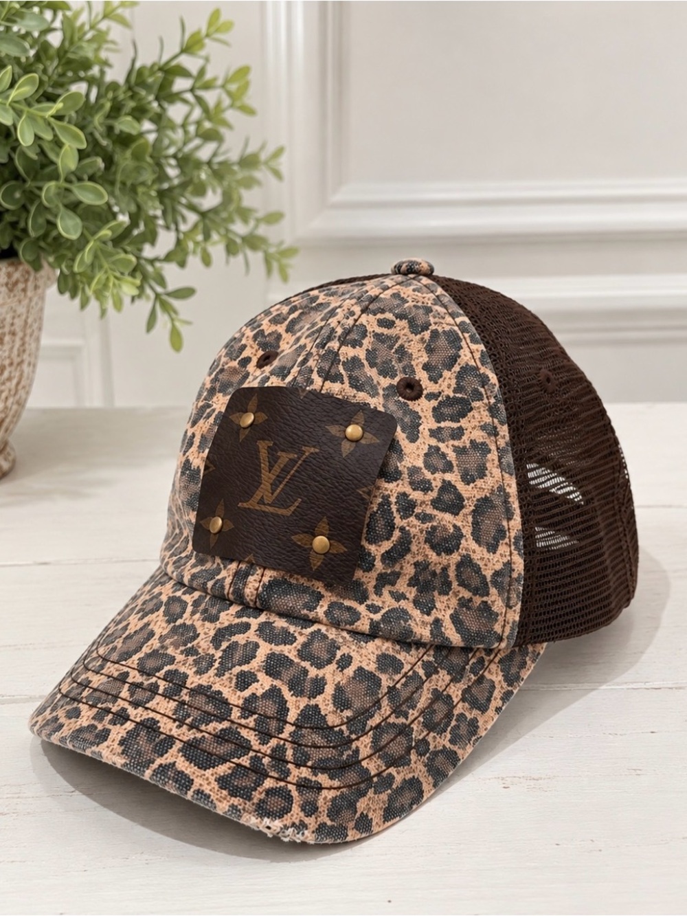 Cheetah Mesh Trucker Cap - Repurposed Vintage LV Monogram Canvas